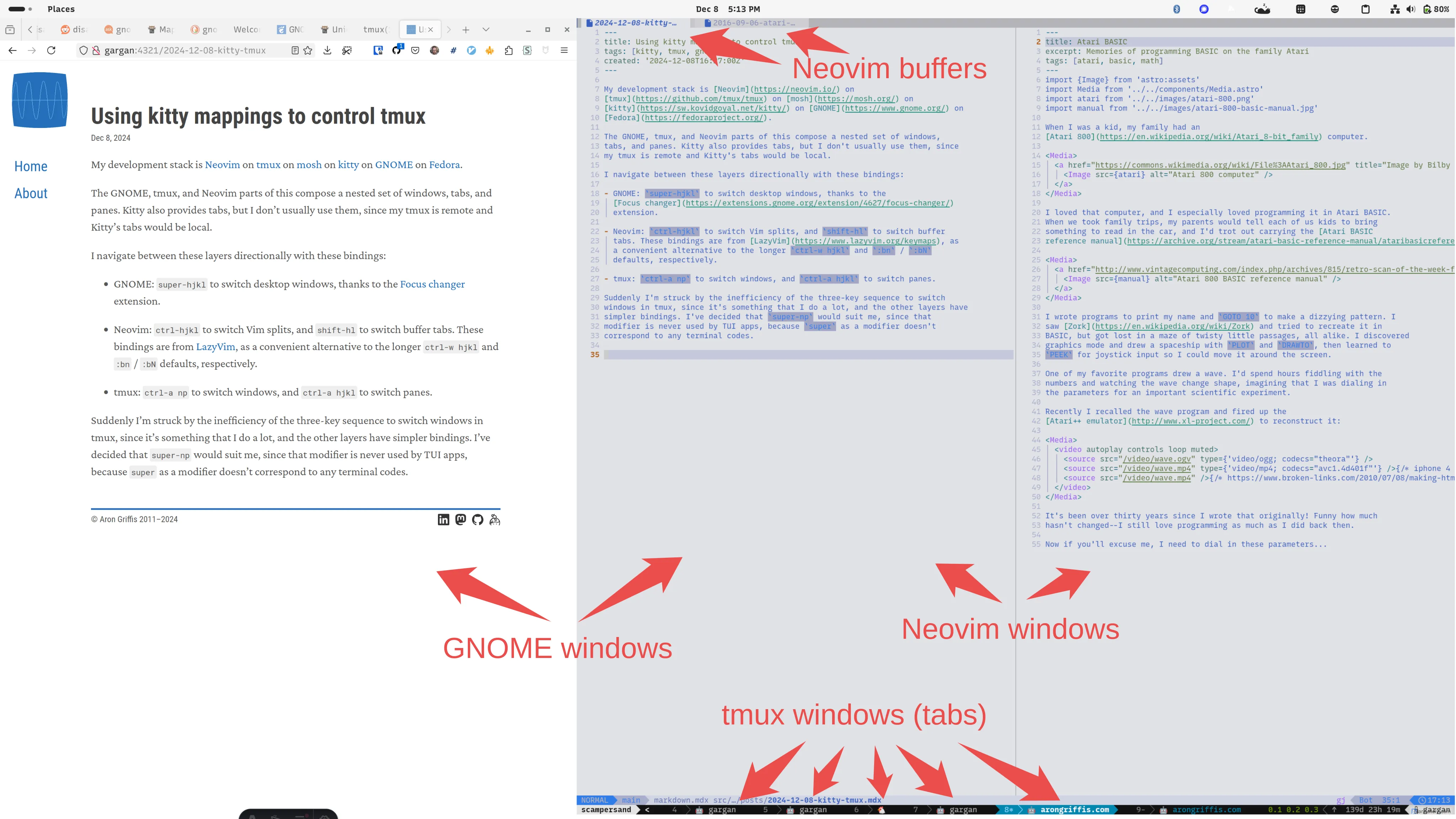 Screenshot of GNOME, tmux, and Neovim